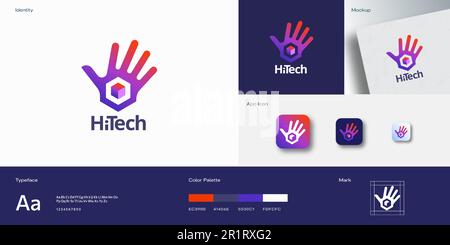 High Five Technology Abstract Vector Logo Template. Palm Hand with Cube Gradient Icon. Greeting Hi symbol concept Identity Guide with Modern Stock Vector