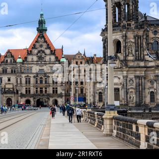 view from the Augustus bridge onto the Georgen building and the Trinitatis church in Dresden, Gerrmany Stock Photo
