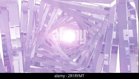 A rotating silver metallic chrome-plated shiny tunnel with walls of ribs and lines in the form of a square with reflections of luminous rays. Abstract Stock Photo