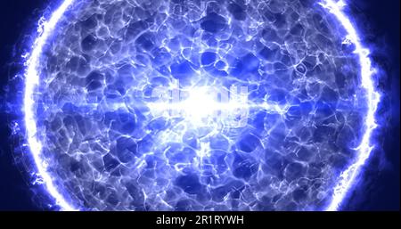 A beautiful round bright sphere of a luminous blue star burning with plasma magical energy on a black space background. Abstract background. Screensav Stock Photo