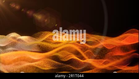 Abstract background wave of yellow futuristic hi-tech grains of sand waves dots pixel particles flying with glow effect glare rays of light and backgr Stock Photo
