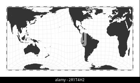 Vector world map. Gringorten square equal-area projection. Plain world geographical map with latitude and longitude lines. Centered to 120deg E longit Stock Vector