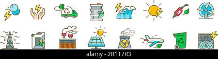 Sustainable energy sources. Green renewable energy. Geothermal, wind, solar or recycling. Pixel perfect, editable stroke Stock Vector