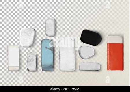Set of different used pencil rubbers isolated on white background. Stock Photo