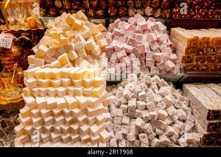 Traditional turkish delights sweets at the Grand Bazaar in Istanbul, Turkey. Stock Photo