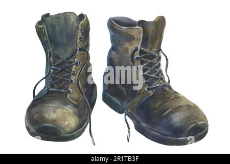 Watercolor illustration vintage black boots for hiking on white background. Military army protective shoe. Creative hand-drawn clipart for shop card Stock Photo