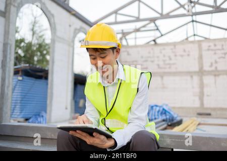 Happy Asian smiling in engineering uniform at construction site while holding a tablet. Young professional foreman working on structure building at workplace - with copy space Stock Photo