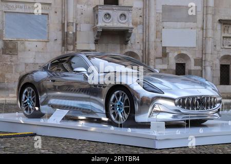 Modena, Italy, may 12 2023, Maserati GranTurismo Folgore, experimental electric super sports car in aluminium, public exhibition Motor Valley 2023 in Stock Photo