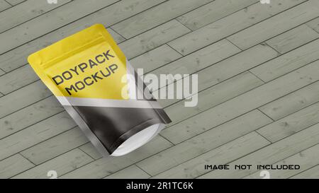 Isometric view doypack mockup on wooden floor. Stock Photo