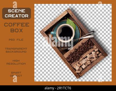 Black coffee on wooden box isolated with transparency. Stock Photo