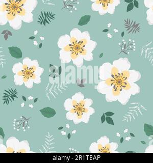 White flower pattern. Doodle spring background with floral elements. Summertime fabric vector seamless texture Stock Vector
