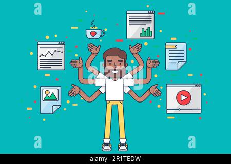 Programmer at work. Arab or muslim seo specialist with many hands busy developing mobile apps. Arabian technician, web designer, developer or computer Stock Vector