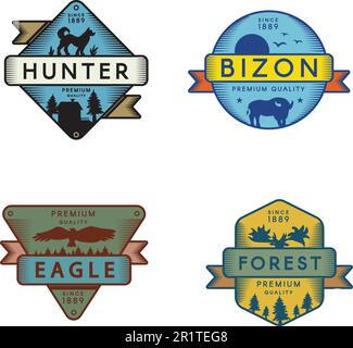 Forest animals vector logo templates set. Recreational park symbol. Bizon, eagle, wolf silhouette Stock Vector