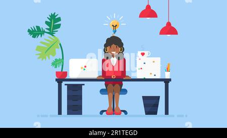 Young african american business woman having new creative idea while working at workplace flat vector illustration. Afro businesswoman entrepreneur wi Stock Vector