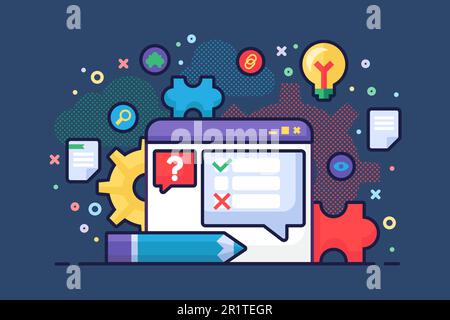 eb form template with chat bubbles, pencil, lamp as idea symbol, document icons, settings, puzzles and other signs in modern flat style Stock Vector