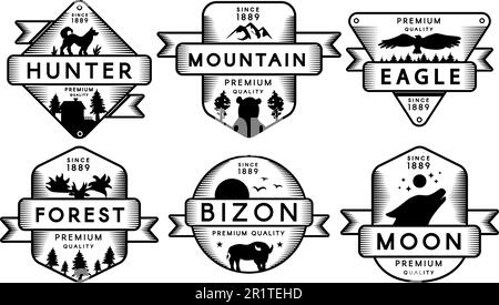 Collection Labels Animals and Nature Set Logo. Black and White Trademarks Hunter and Mountain, Eagle and Forest, Bizon and Moon Monochrome Drawn Logot Stock Vector