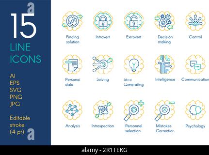 Set of Brain and Mental Activity Icons Thin Line Templates Isolated on White Background. Search, Thinking, Development and Intelligence Concept Vector Stock Vector