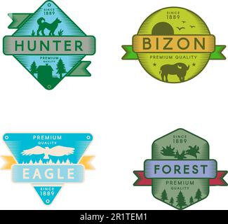 Forest animals vector logo templates set. Recreational park symbol. Bizon, eagle, wolf silhouette Stock Vector