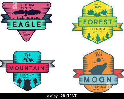 Wild Eagle and Mountain, Moon and Forest Set Logo. Colorful Collection Trademark Premium Quality. Bird Falcon and Deer, Bear and Coyote Silhouettes on Stock Vector
