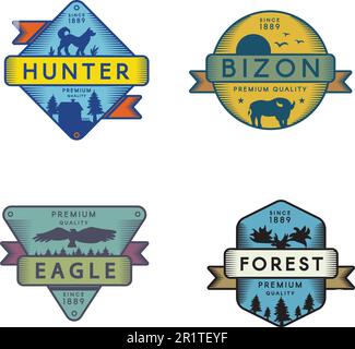 Forest animals vector logo templates set. Recreational park symbol. Bizon, eagle, wolf silhouette Stock Vector