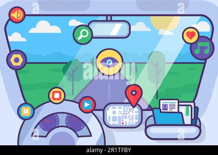 Inside car interior with wheel, speedometer, gps navigator. Vehicle background with view of road in window. Vector Stock Vector