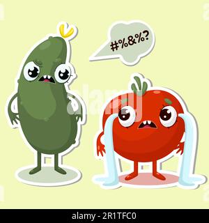 Angry cucumber and crying tomato character sticker Stock Vector