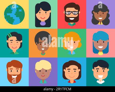 People Avatars Set, Diverse Men and Women Faces. Flat Vector Illustration of Caucasian, African American, Asian Male and Female Cartoon Business Peopl Stock Vector