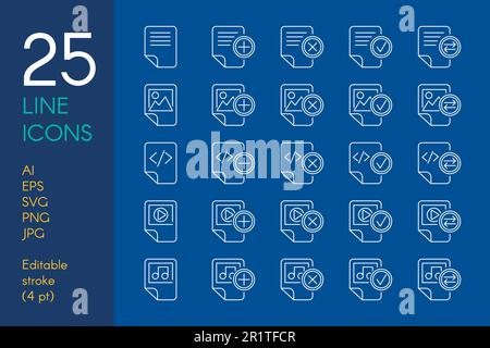 Documents and files color linear icons set. Data storage blue and yellow thin line pictograms Stock Vector