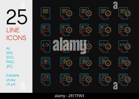 Documents and files color linear icons set. Data storage blue and yellow thin line pictograms Stock Vector