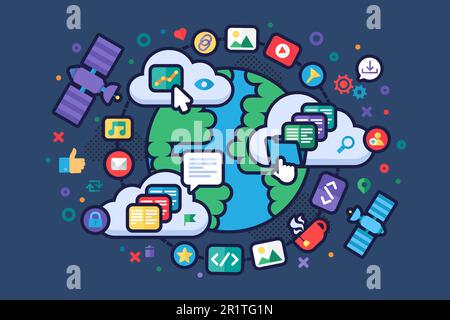 Global Network Concept Illustration. Internet, web and digital technology. Internet traffic. Servers are working for websites and page landing, social Stock Vector