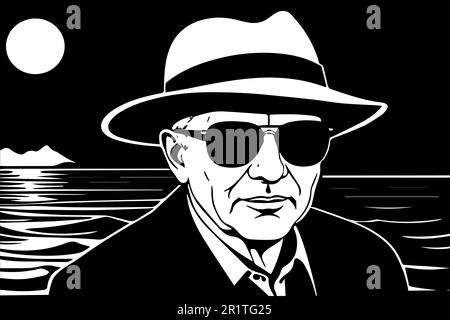 Vector illustration of a man in a hat and sunglasses on the background of the sea. Stock Vector