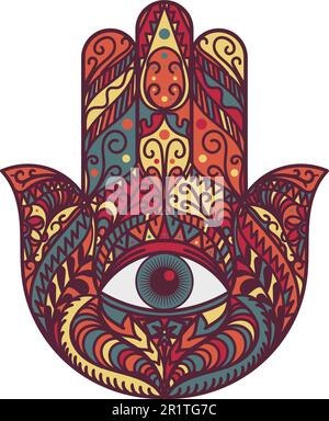 Hamsa Fatima Hand Tradition Amulet Colored Symbol Isolated on White Background. Indian Religious Sign with All Seeing Eye Ethnic Ornaments. Talisman B Stock Vector
