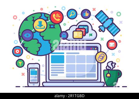 Social media communication and global network concept. Laptop computer with internet icons. Web surfing lifestyle, data sharing and communication tech Stock Vector
