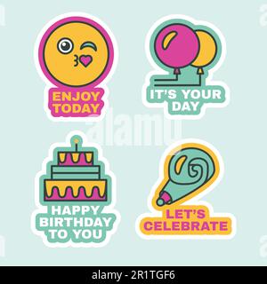 Set of Stickers for Birthday Party, Cute Comic Labels. Happy Birthday Congratulation Concept, Flat Design Vector Illustration. Funny Decorative Elemen Stock Vector