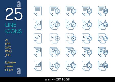 Documents and files color linear icons set. Data storage blue and yellow thin line pictograms Stock Vector