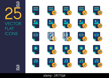 Documents and files flat vector icons set. Data storage, desktop items blue and yellow pictograms Stock Vector
