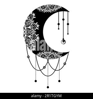 Hand Drawn Moon with Flowers, Mandalas and Paisley. Beautiful Floral Pattern of Crescent Isolated on White Background. Decorative Moon for Holy Month Stock Vector
