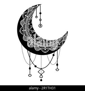 Hand Drawn Moon with Flowers, Mandalas and Paisley. Beautiful Floral Pattern of Crescent Isolated on White Background. Decorative Moon for Holy Month Stock Vector