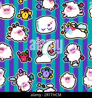 Night Sweet Dreams Symbols Seamless Pattern Banner. Sleeping Sheep and Pillow, Wake-up Clock and Moon, Cloud and Stars Isolated on Black and White Str Stock Vector