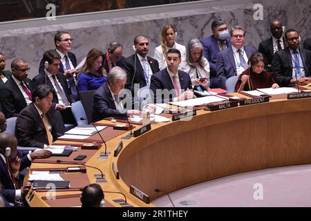 New York, NY, USA. 24th Feb, 2023. United Nations, New York, USA, February 24, 2023 - Security Council Meets on Maintenance of Peace and Security of Ukraine today at the UN Headcorters in New York. Photo of: . Photo: Luiz Rampelotto/EuropaNewswire (Credit Image: © Luiz Rampelotto/ZUMA Press Wire) EDITORIAL USAGE ONLY! Not for Commercial USAGE! Stock Photo