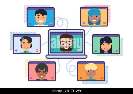 Video Conference Concept. Mix Race Team Online Meeting Making Video Call Flat Vector Illustration. Group of Cartoon Diverse Business People on Compute Stock Vector