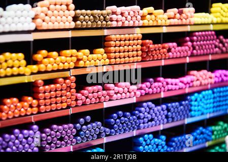 Colored pencils in office supply store Stock Photo
