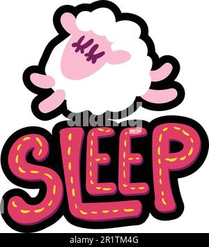 Sheep stitched frame illustration. Sleep lettering flat sticker. Dash line sleeping lamb drawing Stock Vector
