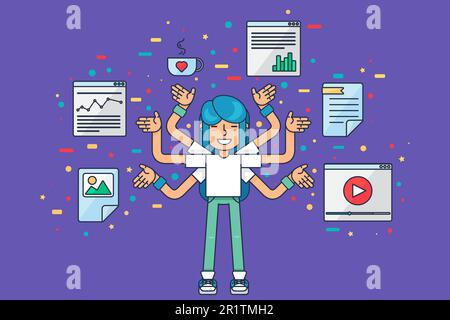 Multitask Asian girl data specialist. Female seo programmer with many hands programming many tasks. Asiatic woman software technician, Flat vector ill Stock Vector