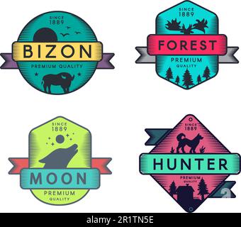 Bizon and Forest, Moon and Hunter Badges Set Logo. Colorful Assortment Trademark Premium Quality. Wolf and Dog, Buffalo and Deer Silhouettes on Design Stock Vector