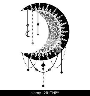 Hand Drawn Moon with Flowers, Mandalas and Paisley. Beautiful Floral Pattern of Crescent Isolated on White Background. Decorative Moon for Holy Month Stock Vector