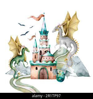 Dragons and castle watercolor illustration. Fairy tale print Stock ...