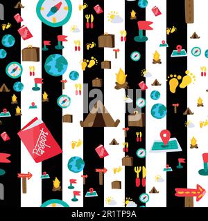 Camping seamless color cartoon pattern. Travel vacation. Trip, camping striped background Stock Vector