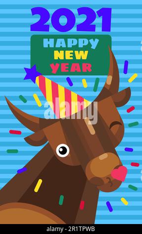 New year 2021 cute greeting card with chinese 2021 symbol - cartoon bull. Happy holiday poster with funny ox. Asian calendar symbol for banners templa Stock Vector