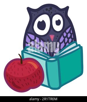 School sticker design with owl reading book. Template cute badge for education and back to school concept. Funny teacher sign. Vector illustration Stock Vector